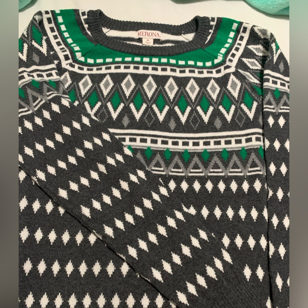 Merona sweater size medium casual color gray and green long sleeve - Picture 3 of 6